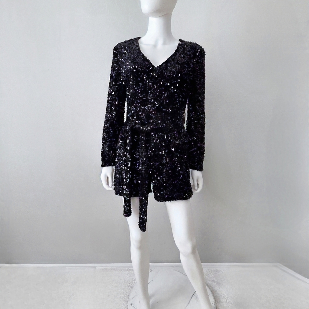 Black Sequin Long Sleeve Romper With V-Neckline & Removable Belt, Size Small - Picture 8 of 16